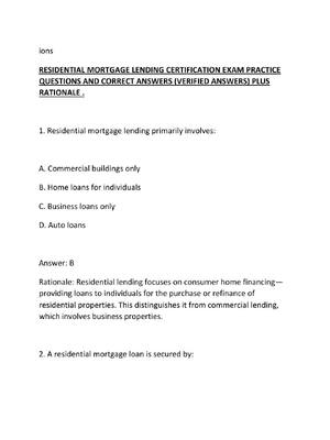 Preview of RESIDENTIAL MORTGAGE LENDING CERTIFICATION EXAM PRACTICE QUESTIONS AND CORRECT ANSWERS (VE
