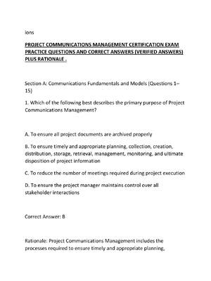 Preview of PROJECT COMMUNICATIONS MANAGEMENT CERTIFICATION EXAM PRACTICE QUESTIONS AND CORRECT ANSWER