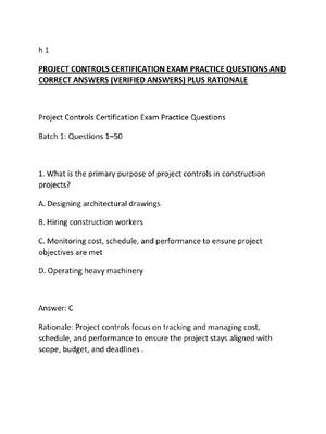 Preview of PROJECT CONTROLS CERTIFICATION EXAM PRACTICE QUESTIONS AND CORRECT ANSWERS (VERIFIED ANSWE