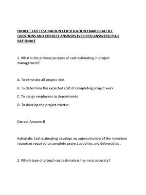 Preview of PROJECT COST ESTIMATION CERTIFICATION EXAM PRACTICE QUESTIONS AND CORRECT ANSWERS