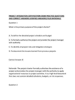 Preview of PROJECT INTEGRATION CERTIFICATION EXAM PRACTICE QUESTIONS AND CORRECT ANSWERS
