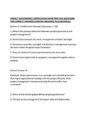 Preview of PROJECT GOVERNANCE CERTIFICATION EXAM PRACTICE QUESTIONS AND CORRECT ANSWERS