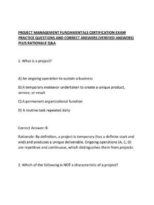 Preview of PROJECT MANAGEMENT FUNDAMENTALS CERTIFICATION EXAM PRACTICE QUESTIONS AND CORRECT ANSWERS