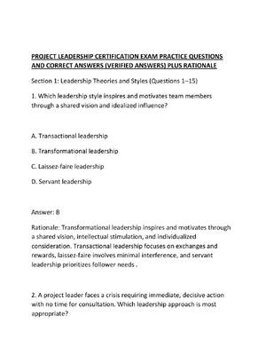 Preview of PROJECT LEADERSHIP CERTIFICATION EXAM PRACTICE QUESTIONS AND CORRECT ANSWERS