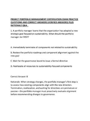 Preview of PROJECT PORTFOLIO MANAGEMENT CERTIFICATION EXAM PRACTICE QUESTIONS AND CORRECT ANSWERS