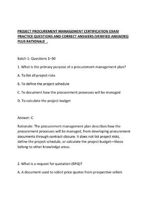 Preview of PROJECT PROCUREMENT MANAGEMENT CERTIFICATION EXAM PRACTICE QUESTIONS AND CORRECT ANSWERS