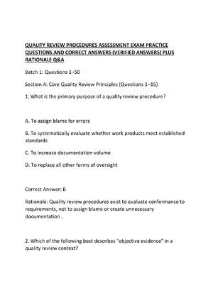 Preview of QUALITY REVIEW PROCEDURES ASSESSMENT EXAM PRACTICE QUESTIONS AND CORRECT ANSWERS