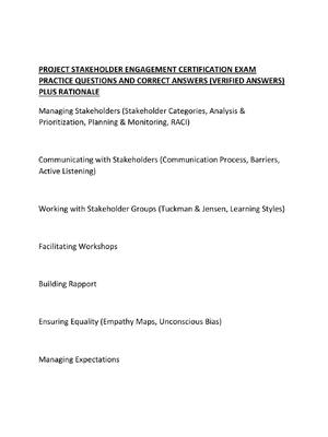 Preview of PROJECT STAKEHOLDER ENGAGEMENT CERTIFICATION EXAM PRACTICE QUESTIONS AND CORRECT ANSWERS