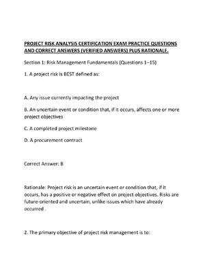 Preview of PROJECT RISK ANALYSIS CERTIFICATION EXAM PRACTICE QUESTIONS AND CORRECT ANSWERS