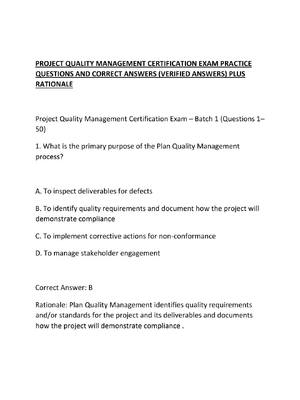 Preview of PROJECT QUALITY MANAGEMENT CERTIFICATION EXAM PRACTICE QUESTIONS AND CORRECT ANSWERS