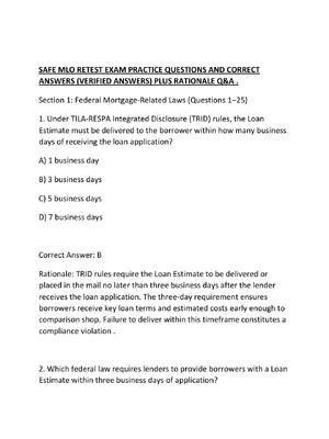 Preview of SAFE MLO RETEST EXAM PRACTICE QUESTIONS AND CORRECT ANSWERS