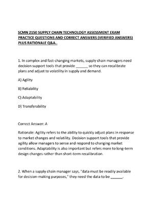 Preview of SCMN 2150 SUPPLY CHAIN TECHNOLOGY ASSESSMENT EXAM PRACTICE QUESTIONS AND CORRECT ANSWERS