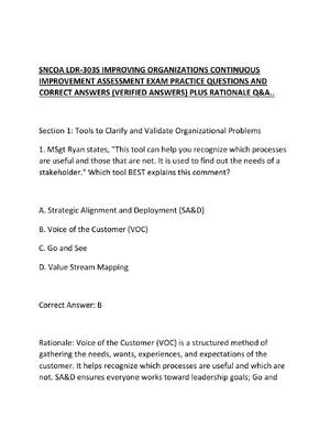 Preview of SNCOA LDR-303S IMPROVING ORGANIZATIONS CONTINUOUS IMPROVEMENT ASSESSMENT EXAM PRACTICE QUE