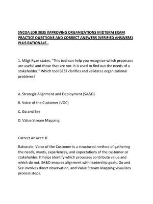 Preview of SNCOA LDR 303S IMPROVING ORGANIZATIONS MIDTERM EXAM PRACTICE QUESTIONS AND CORRECT ANSWERS