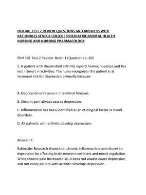 Preview of PNH 401 TEST 2 REVIEW QUESTIONS AND ANSWERS WITH RATIONALES SENECA COLLEGE PSYCHIATRIC