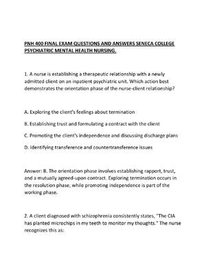 Preview of PNH 400 FINAL EXAM QUESTIONS AND ANSWERS SENECA COLLEGE PSYCHIATRIC MENTAL HEALTH NURSING