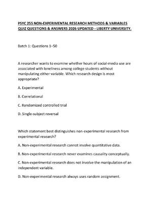 Preview of PSYC 255 NON-EXPERIMENTAL RESEARCH METHODS & VARIABLES QUIZ QUESTIONS & ANSWERS 2026 UPDAT
