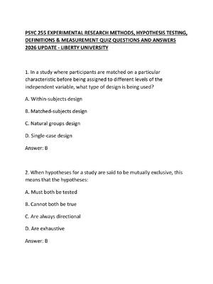 Preview of PSYC 255 EXPERIMENTAL RESEARCH METHODS, HYPOTHESIS TESTING, DEFINITIONS & MEASUREMENT QUIZ