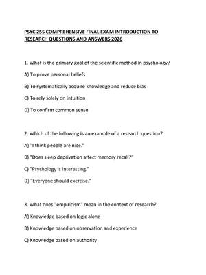 Preview of PSYC 255 COMPREHENSIVE FINAL EXAM INTRODUCTION TO RESEARCH QUESTIONS AND ANSWERS 2026