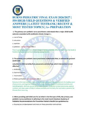 Preview of BURNS PEDIATRIC FINAL EXAM 2026/2027 | 550 HIGH-YIELD QUESTIONS & VERIFIED ANSWERS | LATES