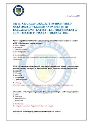 Preview of NR 607 CEA EXAM 2026/2027 | 150 HIGH-YIELD QUESTIONS & VERIFIED ANSWERS | WITH EXPLANATION