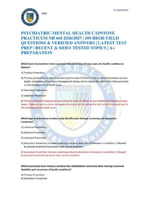Preview of PSYCHIATRIC-MENTAL HEALTH CAPSTONE PRACTICUM NR 668 2026/2027 | 100 HIGH-YIELD QUESTIONS &