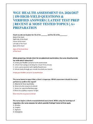 Preview of WGU HEALTH ASSESSMENT OA 2026/2027 | 150 HIGH-YIELD QUESTIONS & VERIFIED ANSWERS | LATEST