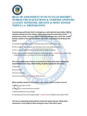 Preview of HEALTH ASSESSMENT EVOLVE EXAM 2026/2027 | 70 HIGH-YIELD QUESTIONS & VERIFIED ANSWERS | LAT