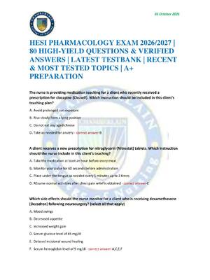 Preview of HESI PHARMACOLOGY EXAM 2026/2027 | 80 HIGH-YIELD QUESTIONS & VERIFIED ANSWERS | LATEST TES