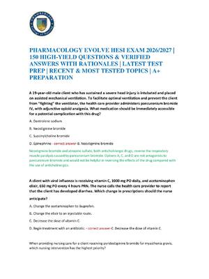 Preview of PHARMACOLOGY EVOLVE HESI EXAM 2026/2027 | 150 HIGH-YIELD QUESTIONS & VERIFIED ANSWERS WITH