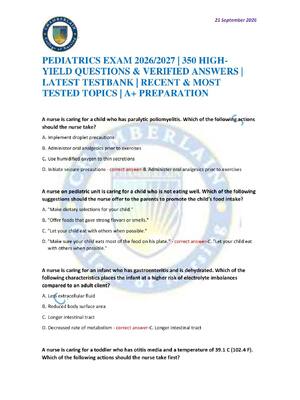 Preview of PEDIATRICS EXAM 2026/2027 | 350 HIGH-YIELD QUESTIONS & VERIFIED ANSWERS | LATEST TESTBANK