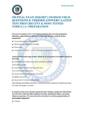 Preview of OB FINAL EXAM 2026/2027 | 130 HIGH-YIELD QUESTIONS & VERIFIED ANSWERS | LATEST TEST PREP |