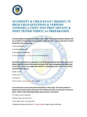 Preview of MATERNITY & CHILD EXAM 7 2026/2027 | 70 HIGH-YIELD QUESTIONS & VERIFIED ANSWERS | LATEST T