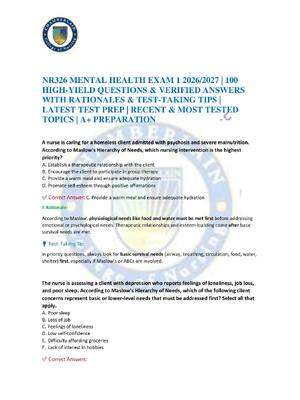 Preview of NR326 MENTAL HEALTH EXAM 1 2026/2027 | 100 HIGH-YIELD QUESTIONS & VERIFIED ANSWERS WITH RA