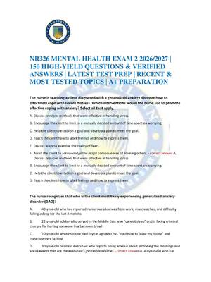 Preview of NR326 MENTAL HEALTH EXAM 2 2026/2027 | 150 HIGH-YIELD QUESTIONS & VERIFIED ANSWERS | LATES