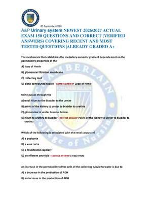 Preview of A&P Urinary system NEWEST 2026/2027 ACTUAL  EXAM 150 QUESTIONS AND CORRECT (VERIFIED  ANSW