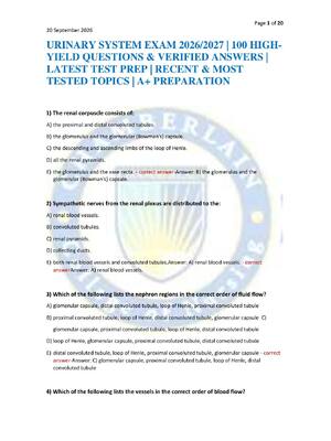 Preview of URINARY SYSTEM EXAM 2026/2027 | 100 HIGH-YIELD QUESTIONS & VERIFIED ANSWERS | LATEST TEST