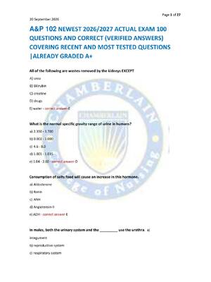 Preview of A&P 102 NEWEST 2026/2027 ACTUAL EXAM 100  QUESTIONS AND CORRECT (VERIFIED ANSWERS)  COVERI
