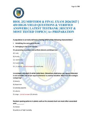 Preview of BIOL 252 MIDTERM & FINAL EXAM 2026/2027 | 450 HIGH-YIELD QUESTIONS & VERIFIED ANSWERS | LA