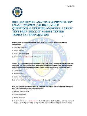 Preview of BIOL 252 HUMAN ANATOMY & PHYSIOLOGY EXAM 1 2026/2027 | 100 HIGH-YIELD QUESTIONS & VERIFIED