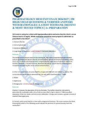 Preview of PHARMACOLOGY HESI EXIT EXAM 2026/2027 | 250 HIGH-YIELD QUESTIONS & VERIFIED ANSWERS WITH R