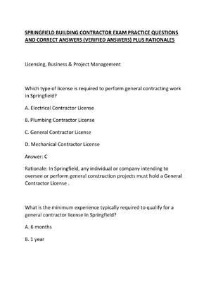 Preview of SPRINGFIELD BUILDING CONTRACTOR EXAM PRACTICE QUESTIONS AND CORRECT ANSWERS