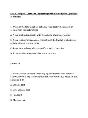 Preview of ENGV 380 Quiz 2 Costs and Engineering Estimates Complete Questions