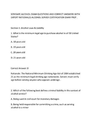 Preview of SERVSAFE ALCOHOL EXAM QUESTIONS AND CORRECT ANSWERS WITH EXPERT RATIONALES ALCOHOL SERVER