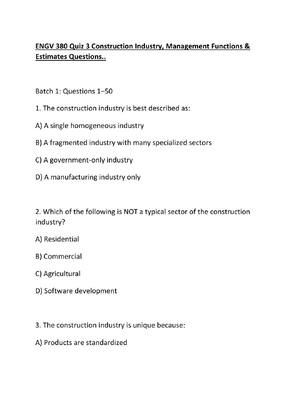 Preview of ENGV 380 Quiz 3 Construction Industry, Management Functions & Estimates Questions..