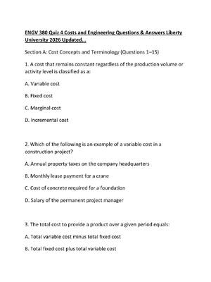 Preview of ENGV 380 Quiz 4 Costs and Engineering Questions & Answers Liberty University 2026 Updated.