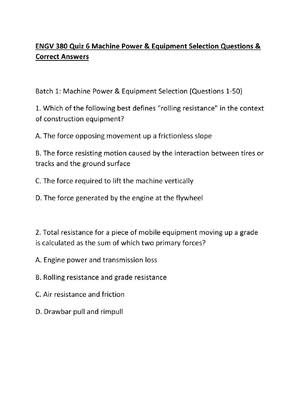 Preview of ENGV 380 Quiz 6 Machine Power & Equipment Selection Questions & Correct Answers