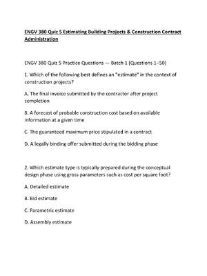 Preview of ENGV 380 Quiz 5 Estimating Building Projects & Construction Contract Administration