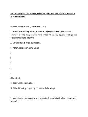 Preview of ENGV 380 Quiz 7 Estimates, Construction Contract Administration & Machine Power