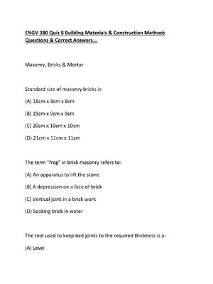 Preview of ENGV 380 Quiz 8 Building Materials & Construction Methods Questions & Correct Answers...